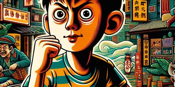 A mischievous teenage boy in a vibrant 1990s Taiwanese street, embodying humor and youthful rebellion.