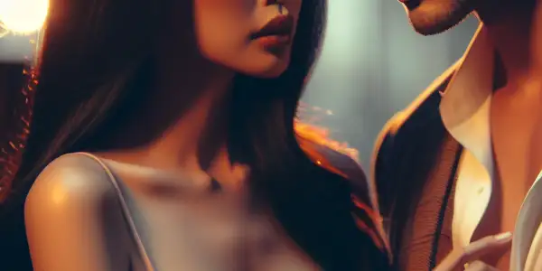 A passionate yet forbidden love story between a married couple in a dimly lit, intimate setting.