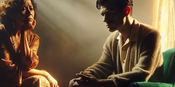 A middle-aged woman and a younger man share an intimate moment in a dimly lit room with a green chair.