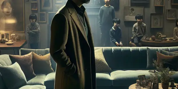 A man gazes out a window in a dimly-lit living room, hinting at family tension and mystery.