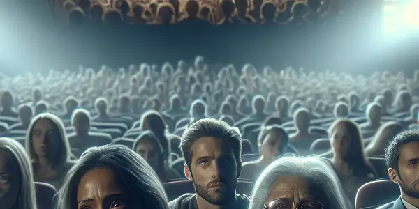 A diverse audience in a dim cinema, emotionally engaged with a dramatic film on screen.