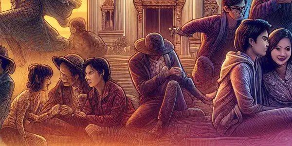 A vibrant scene blending romance and suspense, featuring young couples at a beach and shadowy figures against a Thai theater backdrop.