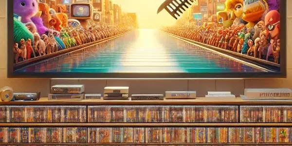 A cozy home theater with a viewer enjoying an edited film, surrounded by H-version DVDs and a playful censorship poster.