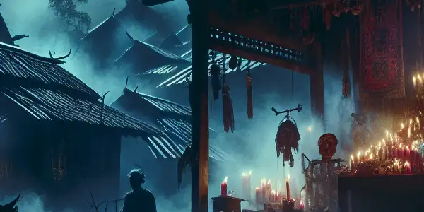 A dimly lit Southeast Asian village at night, featuring a mysterious altar and a shadowy figure practicing sorcery.