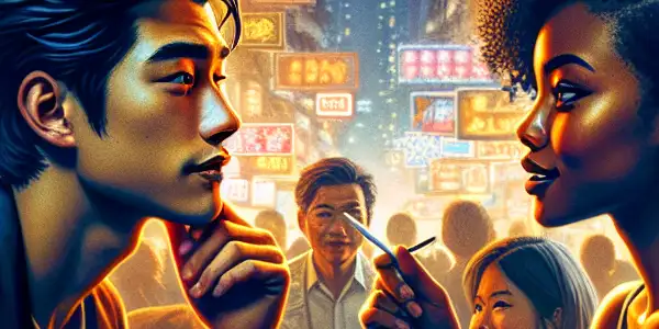 A vibrant night scene in Lan Kwai Fong, featuring a handsome man and confident woman in deep conversation amidst a lively crowd.