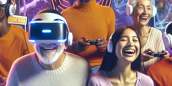 A joyful group of people in VR, surrounded by holograms of classic childhood games in a cozy, nostalgic setting.