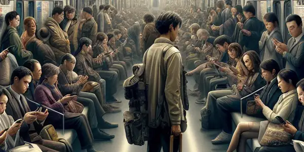 A crowded subway train scene depicting diverse passengers with varied emotions, highlighting tension and societal issues.