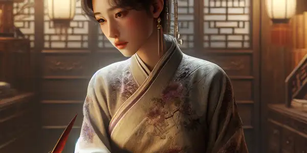 A young woman resembling Xiao Hong sits at a wooden desk, surrounded by literature and nature, reflecting on her writing.