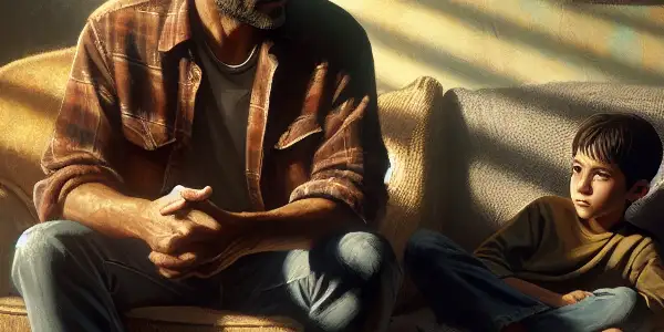 A father and son share a tender moment in a cozy, cluttered living room filled with personal memories.