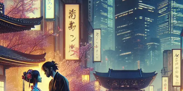 A romantic couple in a neon-lit Japanese urban setting, blending modern and traditional elements amidst iconic architecture.