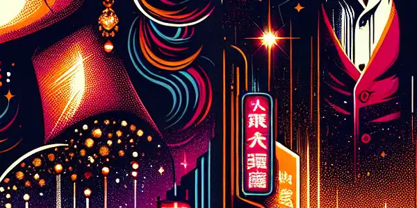 A dramatic movie poster featuring a rugged man and elegant woman against a vibrant 1980s Hong Kong backdrop.