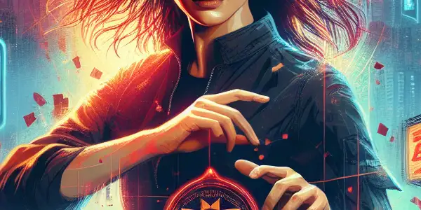 A powerful female lead in martial arts attire poses dramatically against a bustling Hong Kong cityscape at dusk.