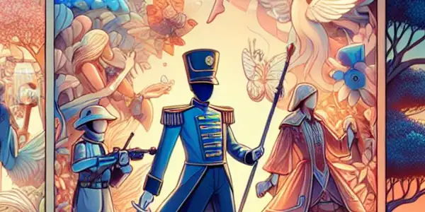 A whimsical illustration featuring playful interpretations of "Uniform Temptation," "Role Play," and "Outdoor Adventure" themes.