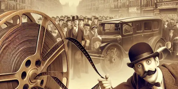 A whimsical scene featuring a Chaplin-like character in a 1920s film set, engaging in a comic mishap.