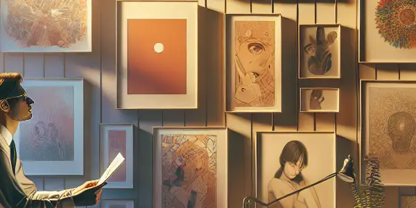 A cozy room with an individual appreciating diverse adult artwork, surrounded by soft lighting and modern decor.