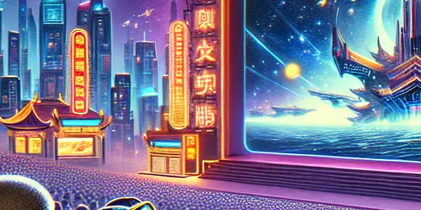 A lively outdoor film festival showcasing "The Wandering Earth," with families enjoying movies amid vibrant lights and cultural elements.