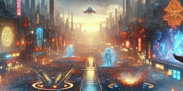 Futuristic cityscape with spacecraft, neon lights, and elements representing top Chinese films, embodying excitement and adventure.