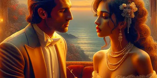 A couple shares a deep conversation in a candlelit, romantic setting, evoking classic romance film vibes.