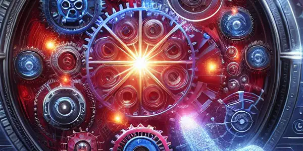 A futuristic interface showcasing personalized content suggestions, surrounded by glowing gears and abstract technology patterns.