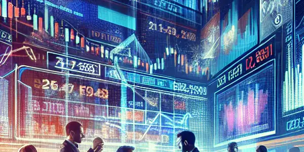 A lively virtual stock market scene with animated investors discussing Shanghai Film Co., Ltd., surrounded by film industry elements.