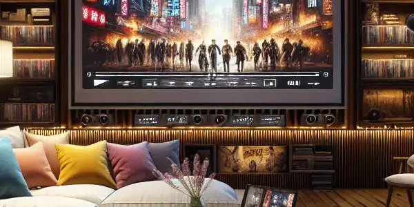 A cozy living room filled with film memorabilia, featuring a large screen, plush couch, and warm lighting.