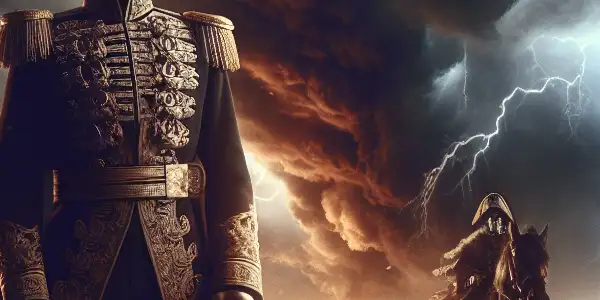 A dramatic battlefield scene featuring a regal figure resembling Napoleon, surrounded by soldiers, horses, and symbols of war and desire.