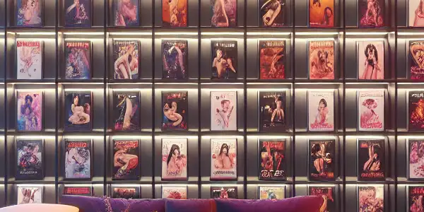 A cozy, modern room filled with vibrant DVD covers and screens showcasing Japanese adult films, featuring plush seating and ambient lighting.