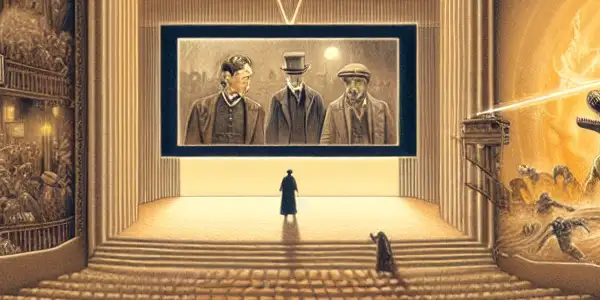An illustrated timeline showcasing the evolution of cinema from the 1890s to the modern CGI era.
