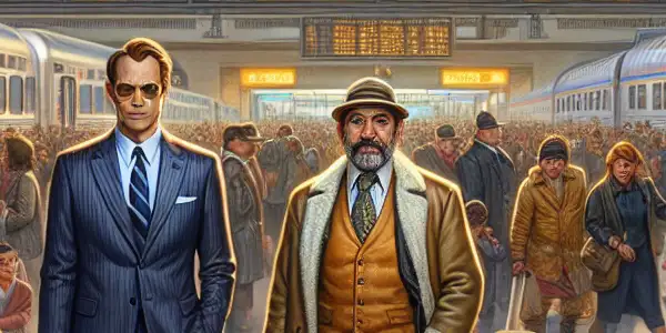 A dapper businessman and a rugged man humorously navigate a chaotic train station during holiday travel.