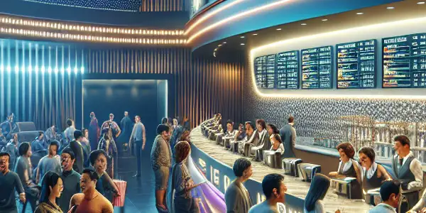 A bustling modern cinema lobby with diverse moviegoers, a sleek ticket counter, and vibrant movie posters.