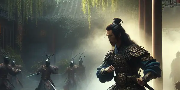 A poised martial arts hero in Ming dynasty armor stands ready for battle in a traditional Chinese courtyard.
