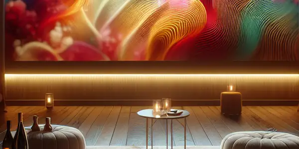 A cozy, intimate viewing room with plush seating, a large screen showing a romantic film, and elegant decor.