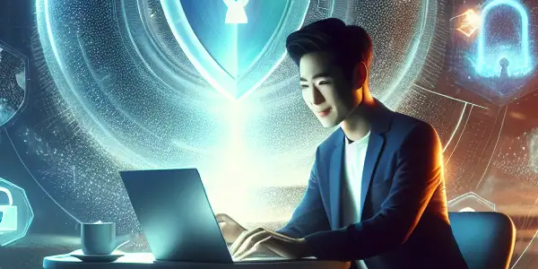 A tech-savvy individual peacefully browsing on a laptop, surrounded by symbols of digital security and abstract adult content.