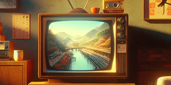 A cozy, nostalgic room featuring a vintage TV playing classic Japanese films, surrounded by retro decor and snacks.