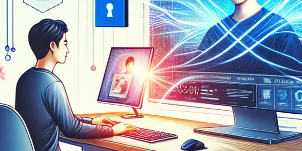 A young Asian male enjoys a safe digital workspace for sharing Japanese adult content, surrounded by symbols of security.