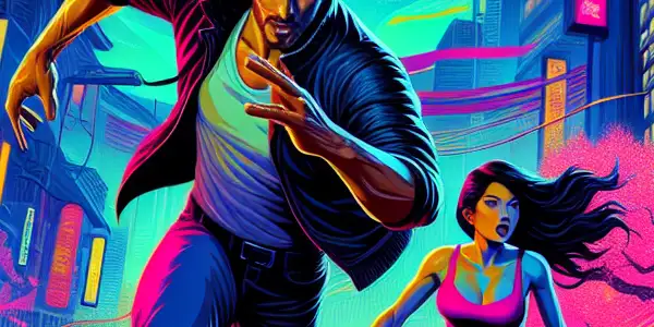 A tense chase scene between a strong male and alluring female in a neon-lit urban setting.