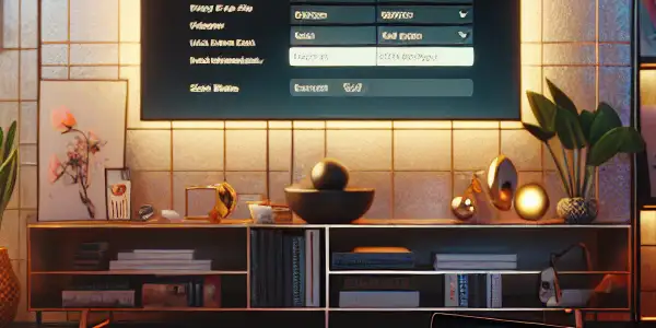 A cozy living room with a laptop, tasteful magazines, and a TV, emphasizing safe adult entertainment and privacy.