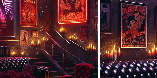 A dark, atmospheric cinema featuring vintage posters, plush seating, and shadowy figures, evoking allure and secrecy.