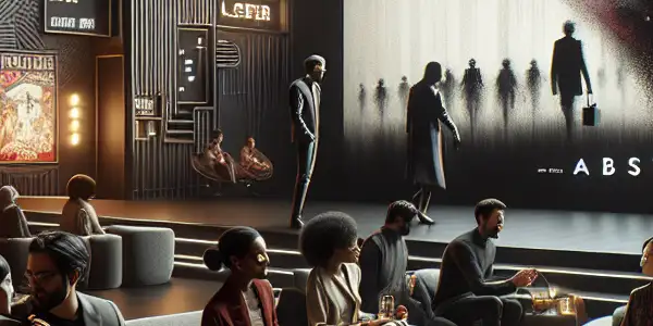 A modern cinema lobby with diverse adults conversing, stylish decor, and a prominent adult film poster.<a href=