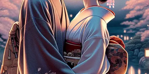 A serene Japanese garden at dusk, featuring expressive characters amidst falling cherry blossoms, symbolizing love and intimacy.