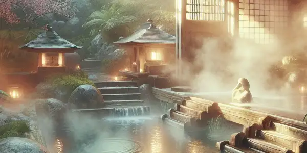 A serene Japanese onsen surrounded by cherry blossoms, evoking relaxation and subtle sensuality in a tranquil setting.