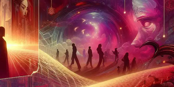 A vibrant digital landscape featuring abstract adult film elements, cherry blossoms, and a futuristic streaming interface.