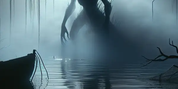 A fog-covered lake at dusk with a mysterious water monster emerging, surrounded by dark, twisted trees and an abandoned boat.
