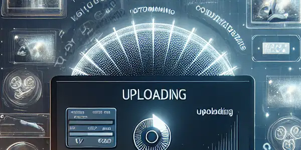 A modern workspace illustrating the efficient uploading process of adult films with a sleek computer and relevant icons.