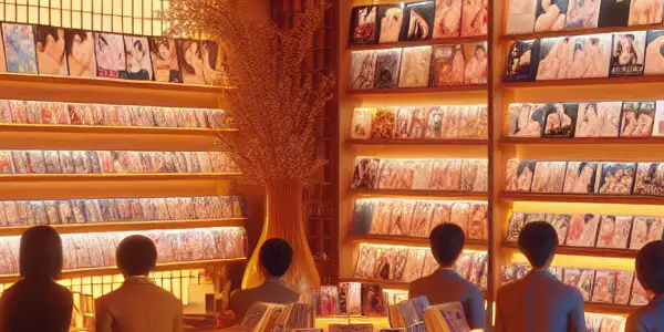 A cozy adult store filled with diverse movie covers, featuring warm lighting and a welcoming atmosphere for exploration.