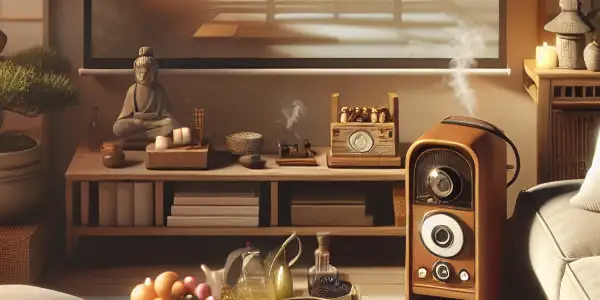 A serene room with a cozy sofa, vintage projector, healthy snacks, and elements of wellness and relaxation.