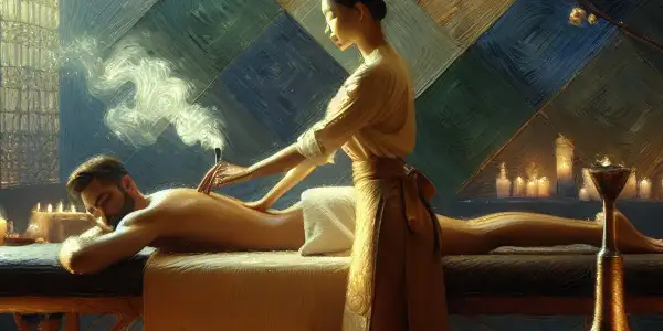 A tranquil spa scene featuring a masseuse performing a relaxing massage in a serene, candlelit environment.