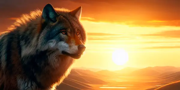 A majestic wolf stands in a dramatic Mongolian grassland at sunset, with a lone figure in traditional attire nearby.