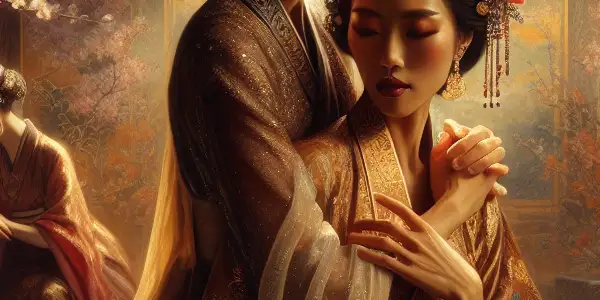 Two elegantly dressed women in a passionate embrace, surrounded by a richly detailed, opulent backdrop.