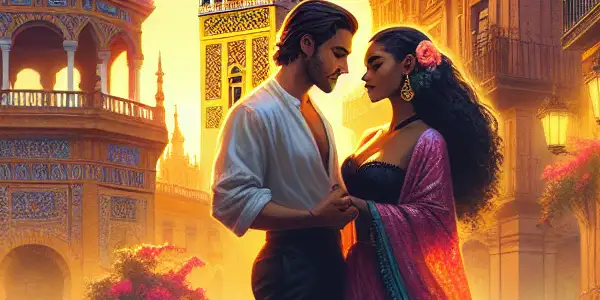 A romantic scene in Seville featuring two intimate characters against a backdrop of ornate architecture and a vibrant sunset.